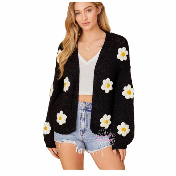 Baevely Sweaters - Baevely 3D Flower Cardigan Black Cream Yellow Daisies Oversized L